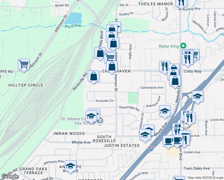 map of restaurants, bars, coffee shops, grocery stores, and more near 201 Windward Way in Roseville