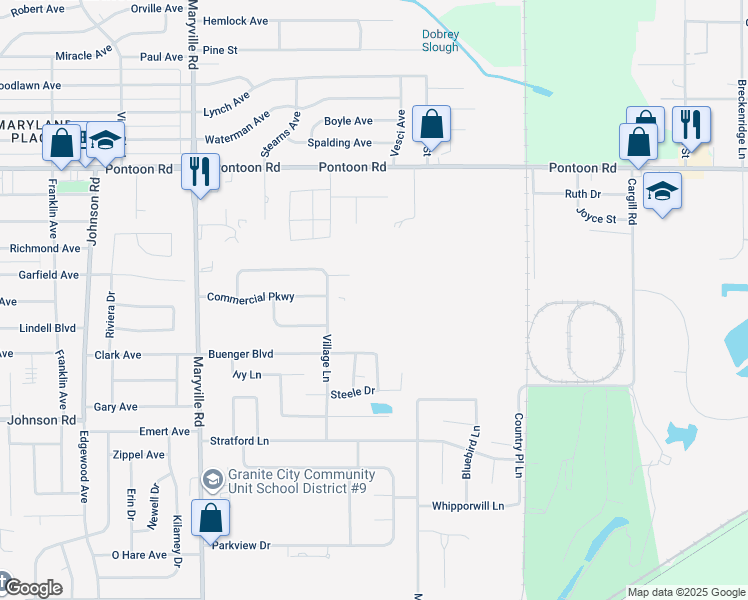 map of restaurants, bars, coffee shops, grocery stores, and more near 3450 Village Lane in Granite City