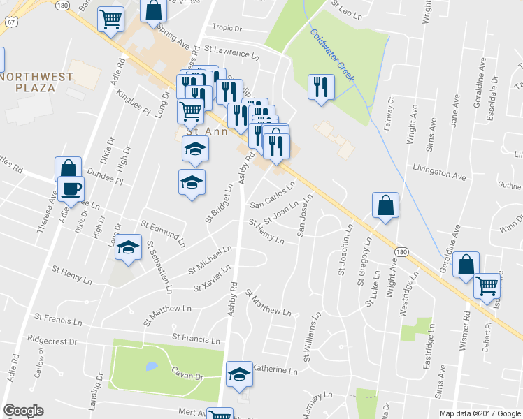 map of restaurants, bars, coffee shops, grocery stores, and more near 10006 Isabelle Court in St. Ann