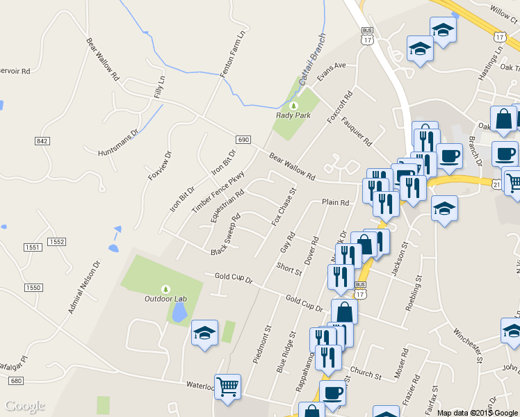 map of restaurants, bars, coffee shops, grocery stores, and more near 713 Black Sweep Road in Warrenton
