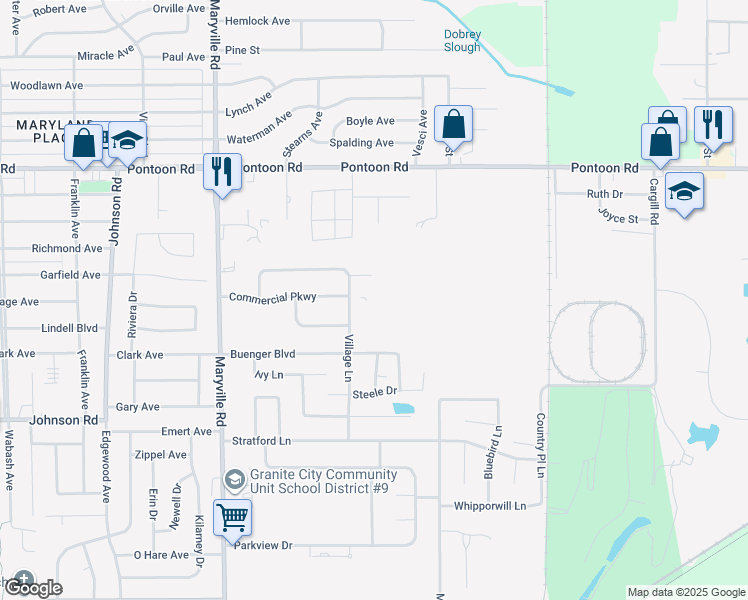 map of restaurants, bars, coffee shops, grocery stores, and more near 3450 Village Lane in Granite City