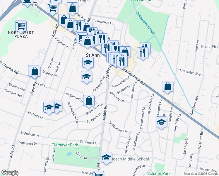 map of restaurants, bars, coffee shops, grocery stores, and more near 3633 Ashby Road in Saint Ann