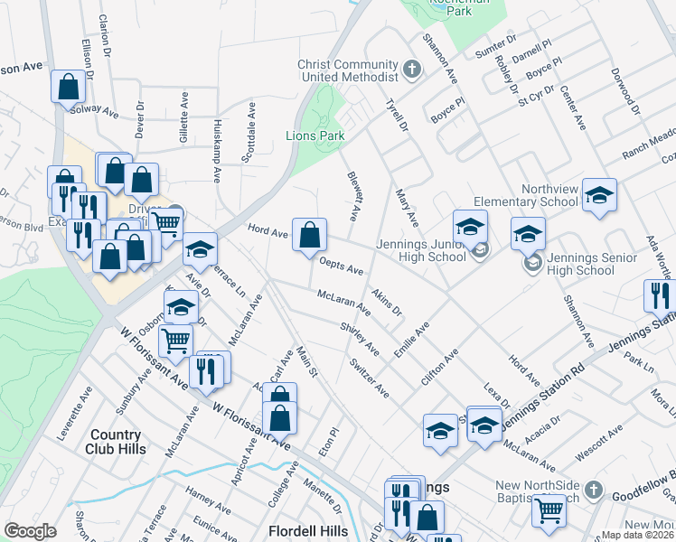 map of restaurants, bars, coffee shops, grocery stores, and more near 2524 Oepts Avenue in Jennings