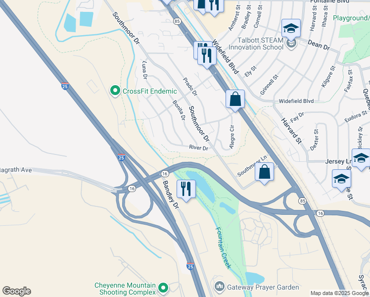 map of restaurants, bars, coffee shops, grocery stores, and more near 1808 River Drive in Fountain