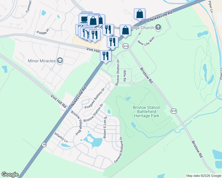 map of restaurants, bars, coffee shops, grocery stores, and more near 10550 Bristow Station Drive in Bristow
