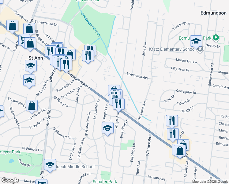 map of restaurants, bars, coffee shops, grocery stores, and more near 3753 Wright Avenue in Saint Ann