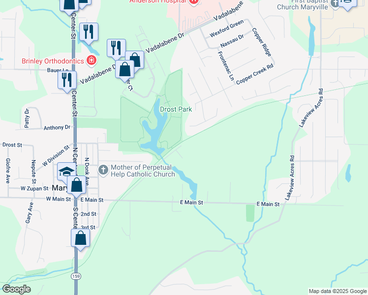 map of restaurants, bars, coffee shops, grocery stores, and more near 106 Daman Street in Maryville