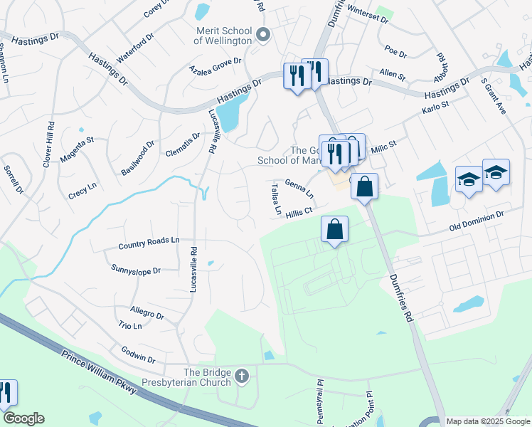 map of restaurants, bars, coffee shops, grocery stores, and more near 9296 Hillis Court in Manassas