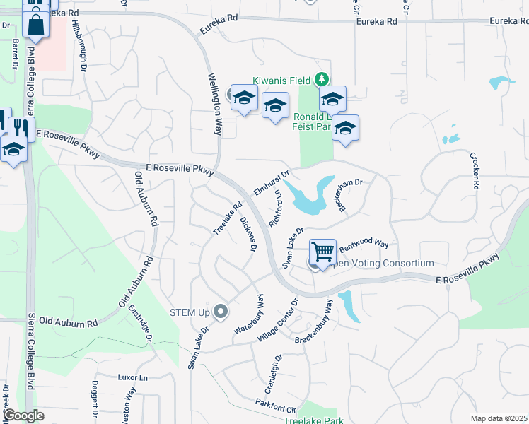 map of restaurants, bars, coffee shops, grocery stores, and more near 4809 Pickney Court in Granite Bay