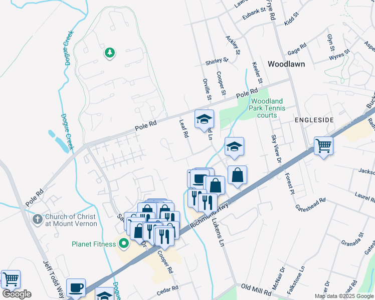 map of restaurants, bars, coffee shops, grocery stores, and more near 8432 Leaf Road in Alexandria