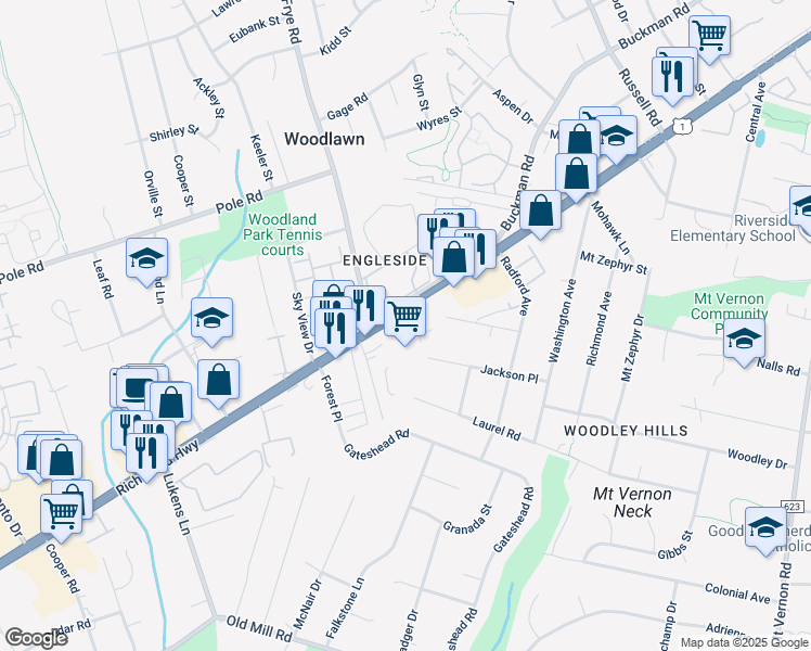 map of restaurants, bars, coffee shops, grocery stores, and more near 8453 Richmond Highway in Alexandria