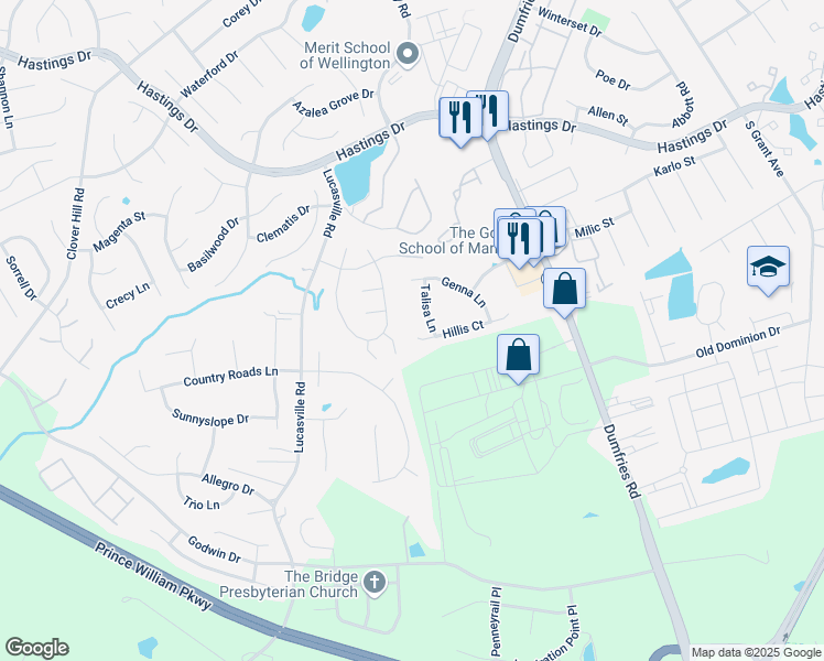 map of restaurants, bars, coffee shops, grocery stores, and more near 9296 Hillis Court in Manassas