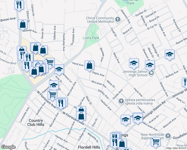 map of restaurants, bars, coffee shops, grocery stores, and more near 2539 McLaran Avenue in Jennings