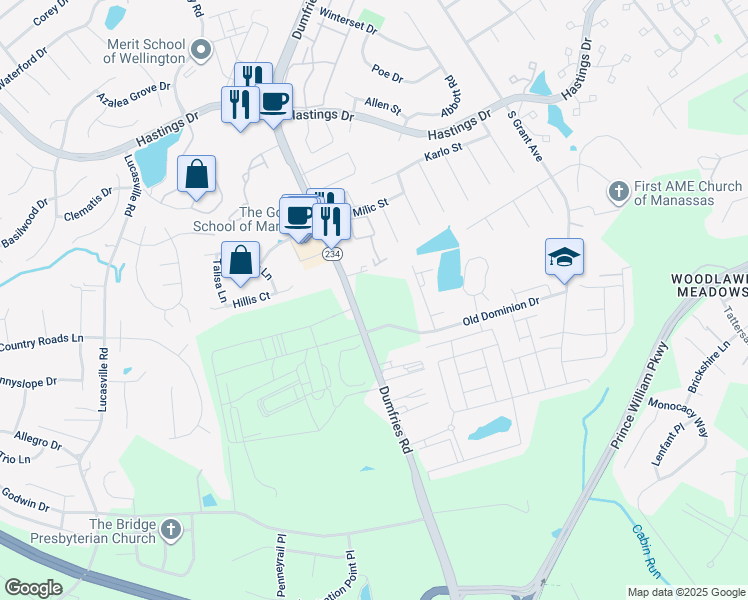 map of restaurants, bars, coffee shops, grocery stores, and more near 8930 Old Dominion Drive in Manassas