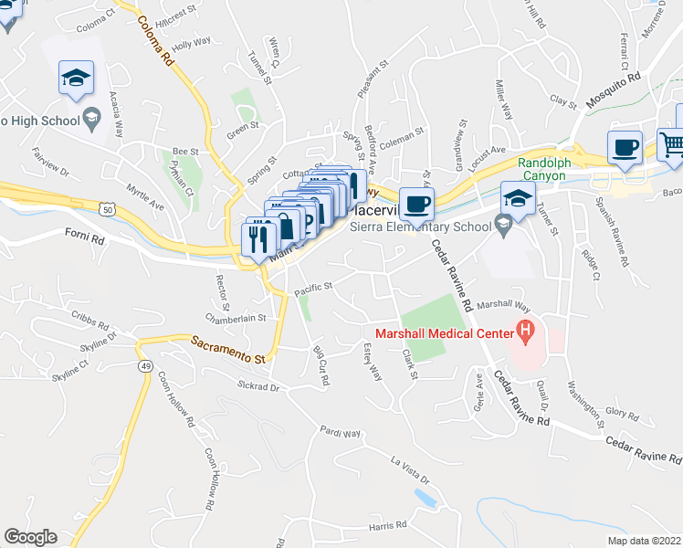 map of restaurants, bars, coffee shops, grocery stores, and more near 875 Pacific Street in Placerville
