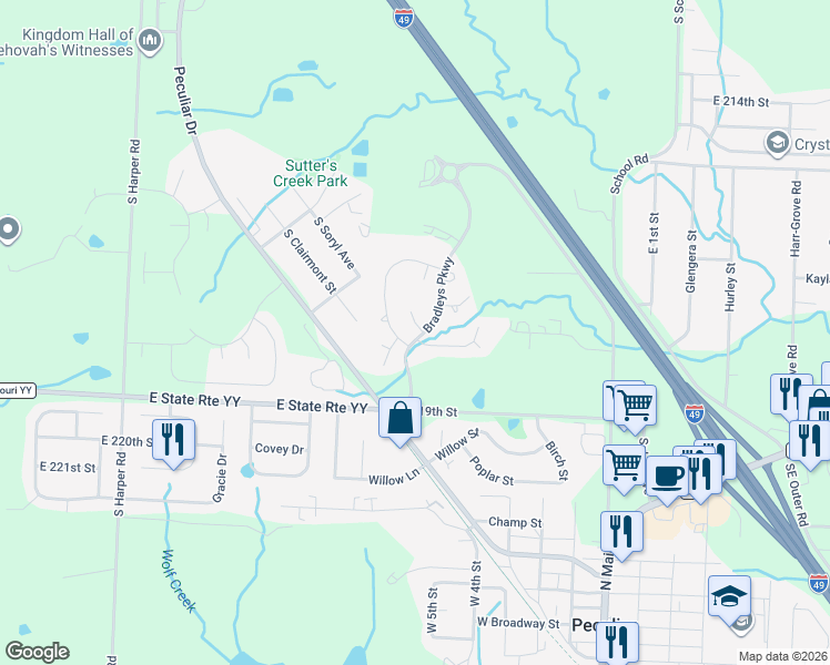 map of restaurants, bars, coffee shops, grocery stores, and more near 11002 Highview Road in Peculiar