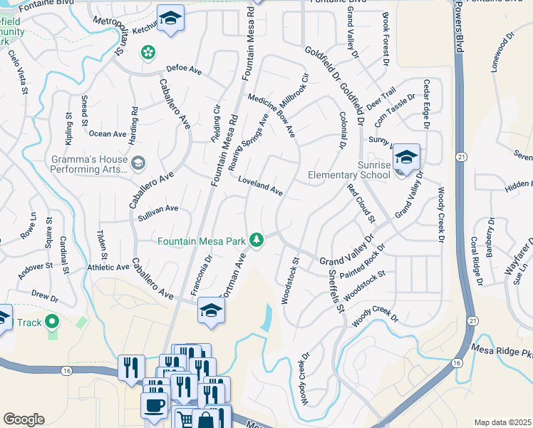 map of restaurants, bars, coffee shops, grocery stores, and more near 7270 Medicine Bow Avenue in Fountain