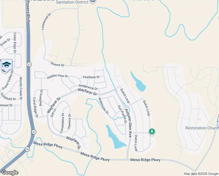 map of restaurants, bars, coffee shops, grocery stores, and more near 8447 Sedgewick Drive in Colorado Springs