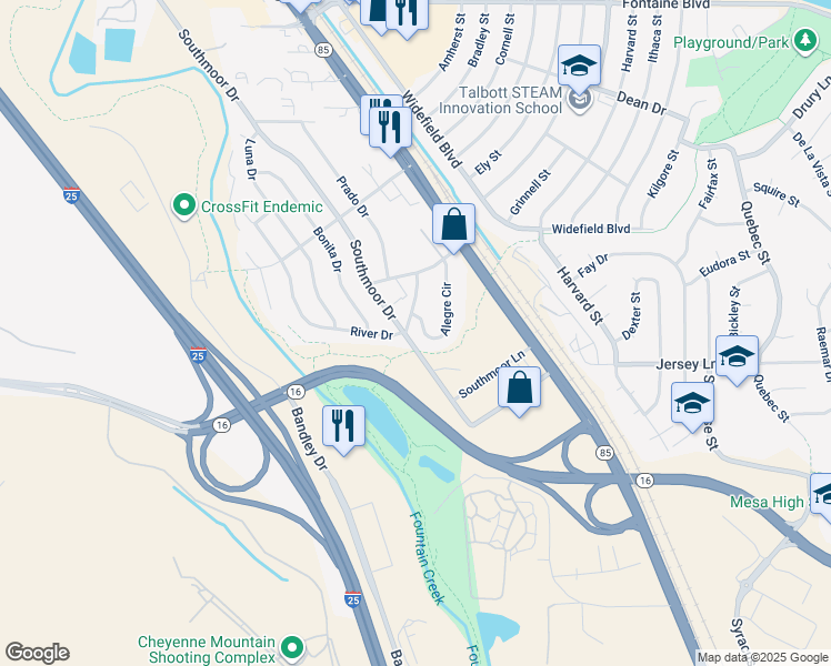 map of restaurants, bars, coffee shops, grocery stores, and more near 1890 River Drive in Fountain