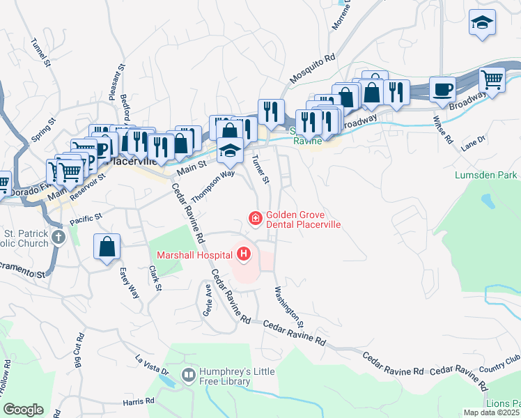 map of restaurants, bars, coffee shops, grocery stores, and more near 1102 Sherman Street in Placerville