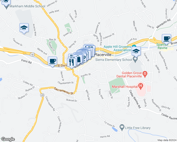 map of restaurants, bars, coffee shops, grocery stores, and more near 847 Pacific Street in Placerville