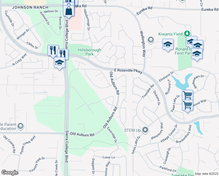 map of restaurants, bars, coffee shops, grocery stores, and more near 5011 Ashley Woods Drive in Roseville