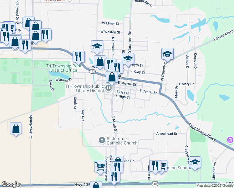 map of restaurants, bars, coffee shops, grocery stores, and more near 300 South Main Street in Troy