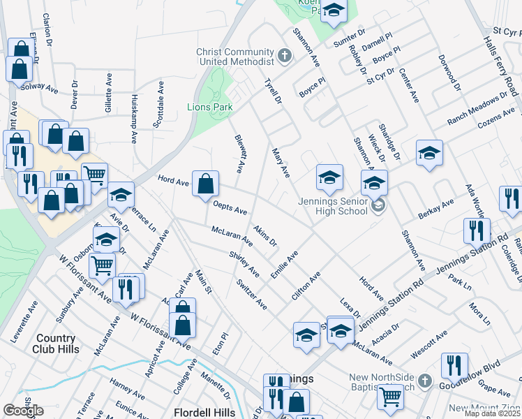 map of restaurants, bars, coffee shops, grocery stores, and more near 2443 Akins Drive in Jennings