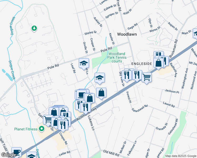map of restaurants, bars, coffee shops, grocery stores, and more near 8426 Woodlawn Street in Alexandria