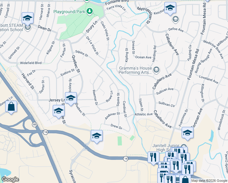 map of restaurants, bars, coffee shops, grocery stores, and more near 709 Squire Street in Colorado Springs