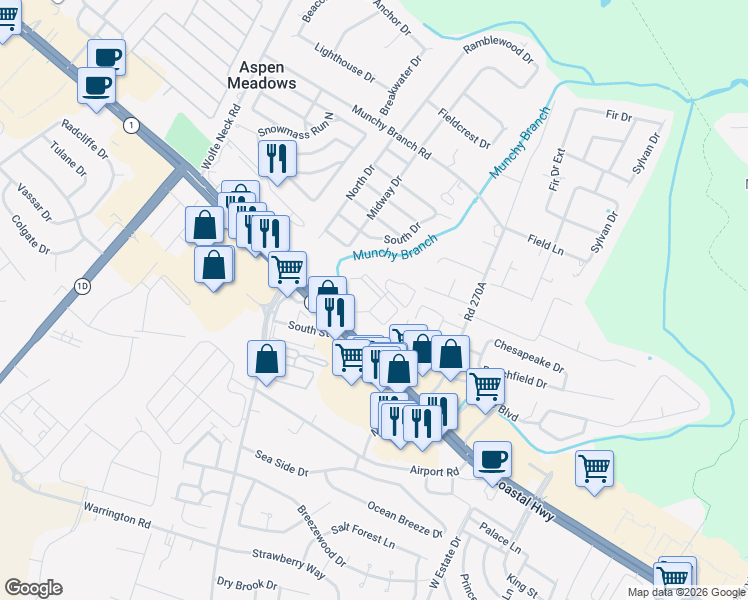 map of restaurants, bars, coffee shops, grocery stores, and more near 100 Cascade Lane in Rehoboth Beach