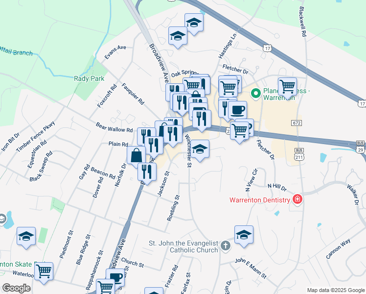 map of restaurants, bars, coffee shops, grocery stores, and more near 404 Jackson Street in Warrenton