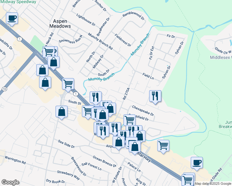 map of restaurants, bars, coffee shops, grocery stores, and more near 35980 Delpany Street in Rehoboth Beach