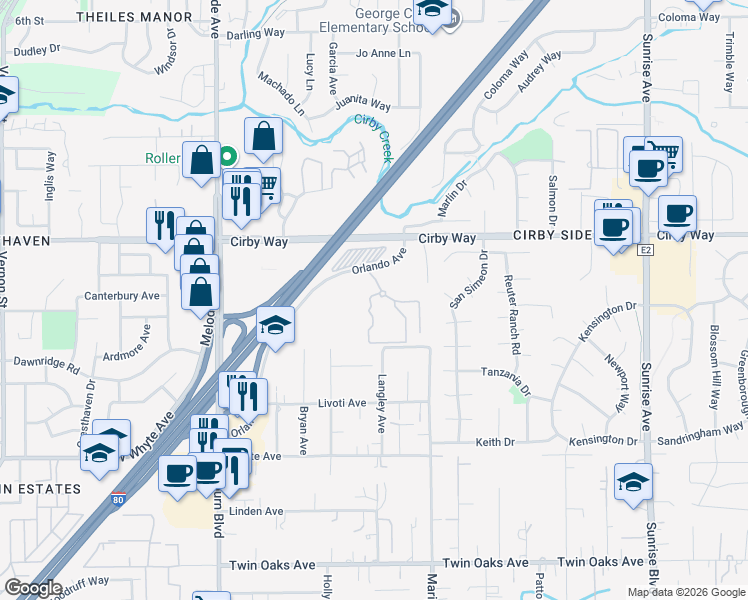 map of restaurants, bars, coffee shops, grocery stores, and more near 3 Somer Ridge Drive in Roseville