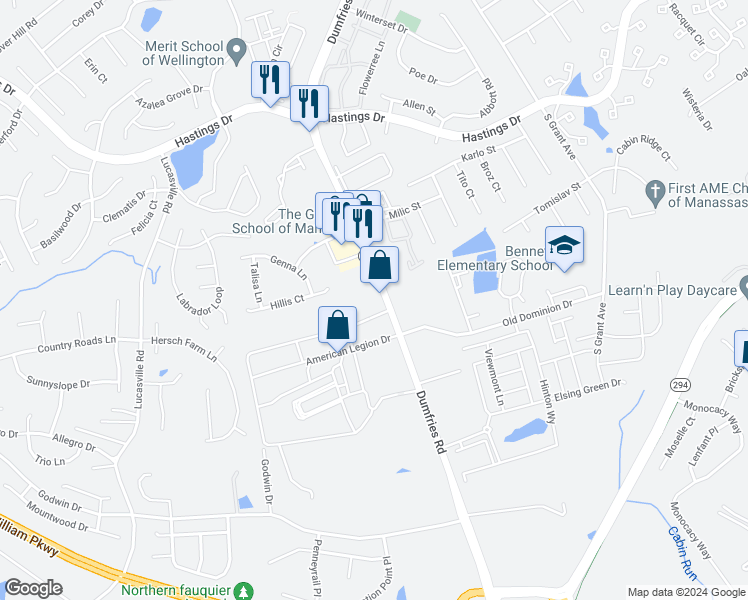 map of restaurants, bars, coffee shops, grocery stores, and more near 10504 Dumfries Road in Manassas