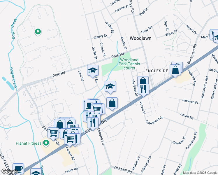 map of restaurants, bars, coffee shops, grocery stores, and more near 8426 Woodlawn Street in Alexandria
