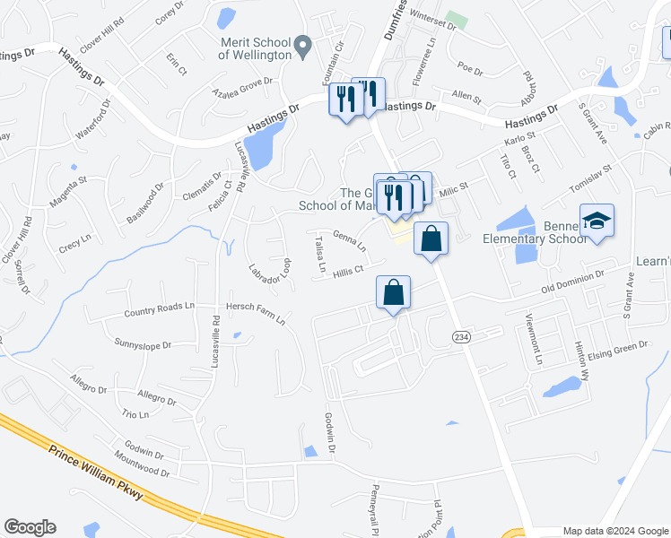 map of restaurants, bars, coffee shops, grocery stores, and more near 9278 Hillis Court in Manassas