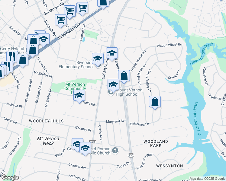 map of restaurants, bars, coffee shops, grocery stores, and more near 8515 Old Mount Vernon Road in Alexandria