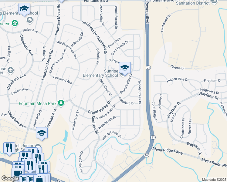 map of restaurants, bars, coffee shops, grocery stores, and more near 7240 Goldfield Drive in Colorado Springs