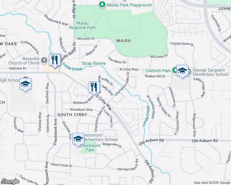 map of restaurants, bars, coffee shops, grocery stores, and more near 1309 Champion Oaks Drive in Roseville