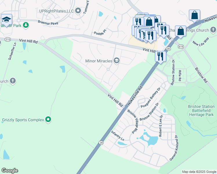 map of restaurants, bars, coffee shops, grocery stores, and more near 10541 Blazing Star Loop in Bristow