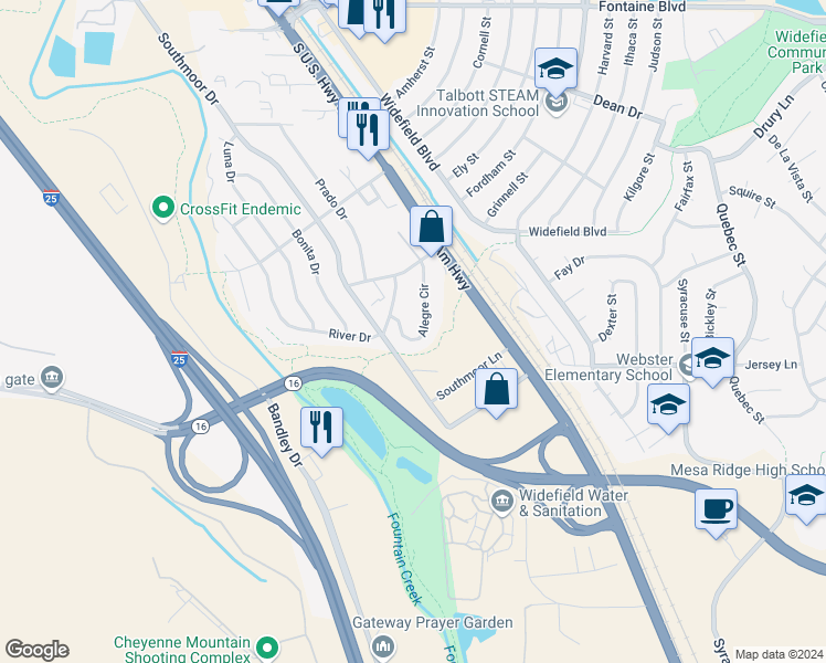 map of restaurants, bars, coffee shops, grocery stores, and more near 7215 Alegre Circle in Fountain
