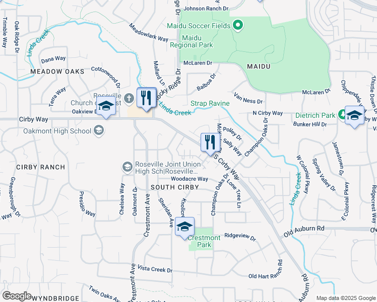 map of restaurants, bars, coffee shops, grocery stores, and more near 1900 South Cirby Way in Roseville