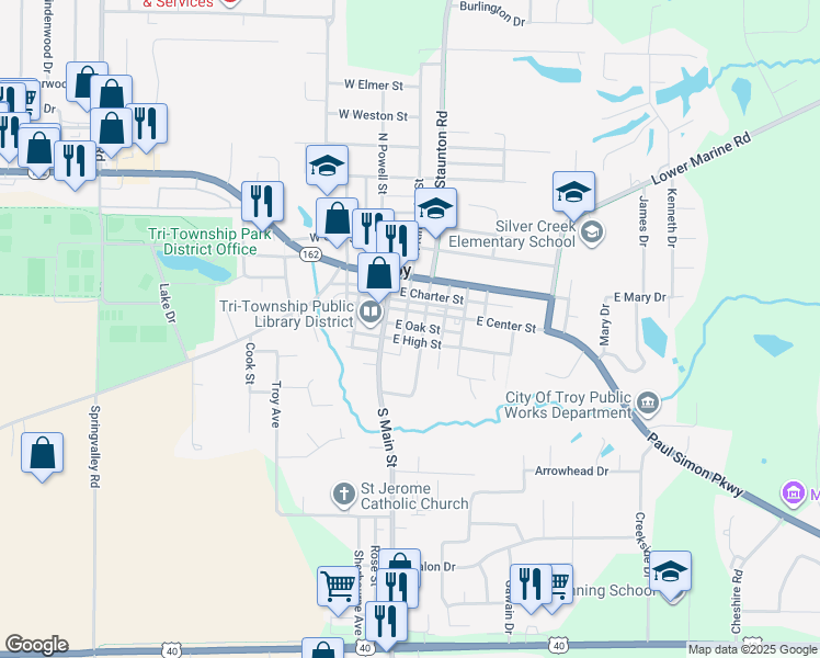 map of restaurants, bars, coffee shops, grocery stores, and more near 300 South Main Street in Troy
