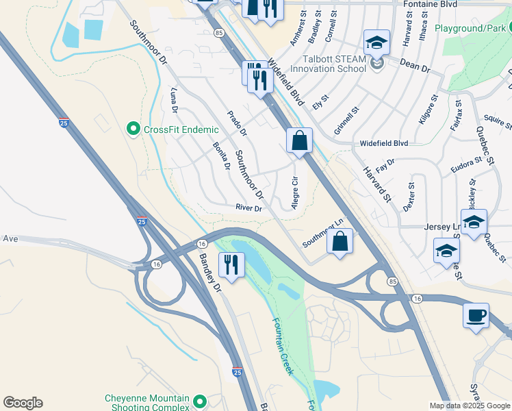 map of restaurants, bars, coffee shops, grocery stores, and more near 1890 River Drive in Fountain
