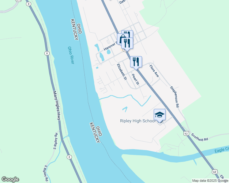 map of restaurants, bars, coffee shops, grocery stores, and more near 1115 Elm Street in Ripley