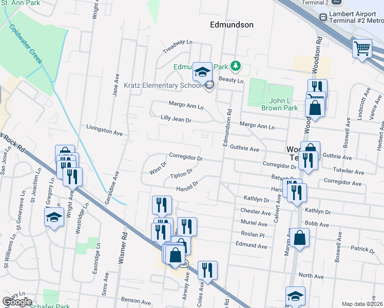 map of restaurants, bars, coffee shops, grocery stores, and more near 9710 Corregidor Drive in St. Louis