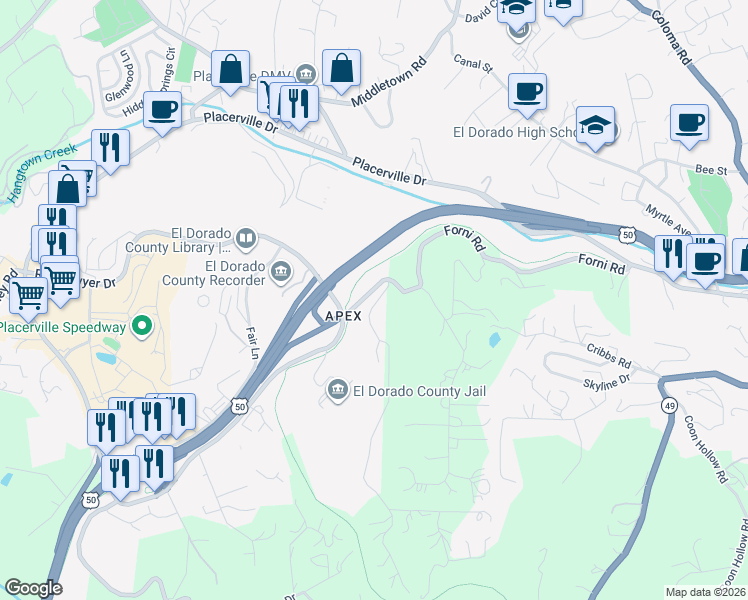 map of restaurants, bars, coffee shops, grocery stores, and more near 3076 Gold Nugget Way in Placerville
