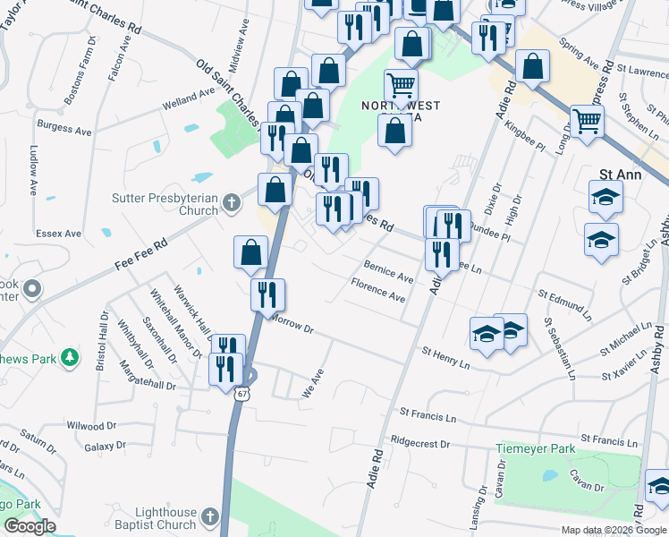 map of restaurants, bars, coffee shops, grocery stores, and more near 11102 Florence Avenue in Saint Ann