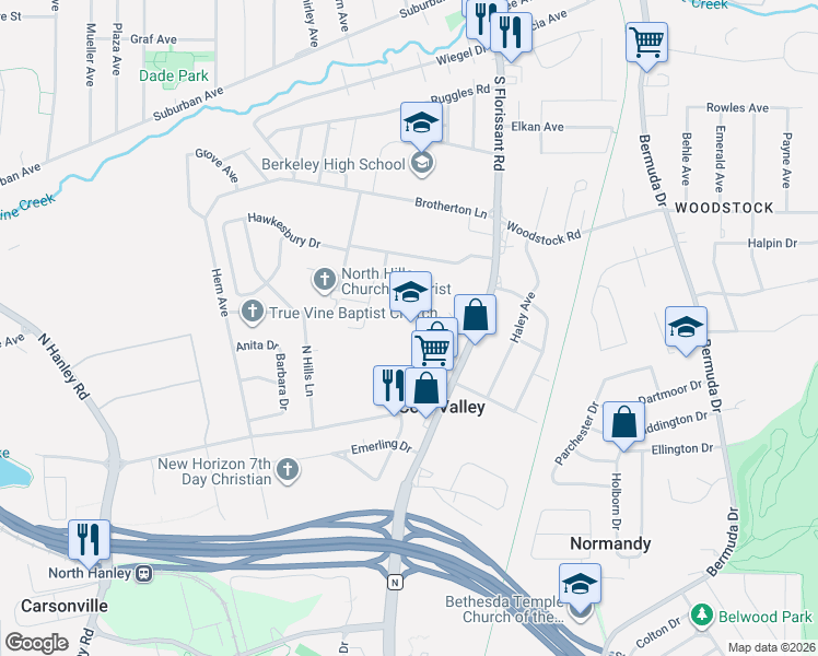 map of restaurants, bars, coffee shops, grocery stores, and more near 1351 South Florissant Road in St. Louis